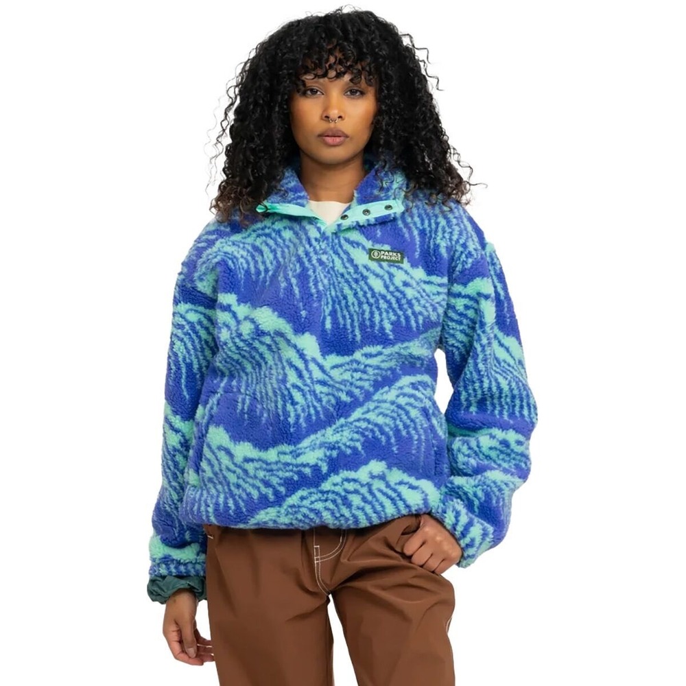 Parks Project Women Blue Purple Abstract Mountain Sherpa Fleece Snap Pullover M